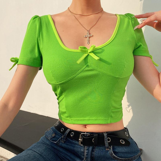 CUTE STYLISH SQUARE NECK SHORT SLEEVE CROP TOP-Cosmique Studio