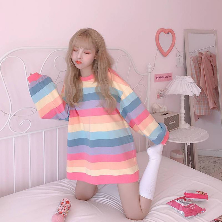 KOREAN PASTEL SOFT GIRL RAINBOW TEE-Cosmique Studio-Aesthetic-Egirl-Grunge-Clothing