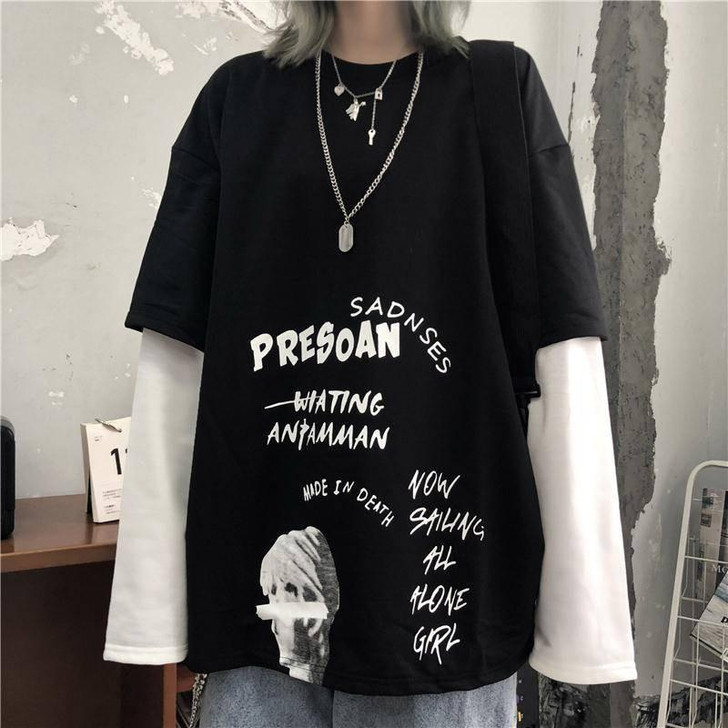 GOTHIC PUNK EGIRL LOOSE LONG SLEEVE TEE 