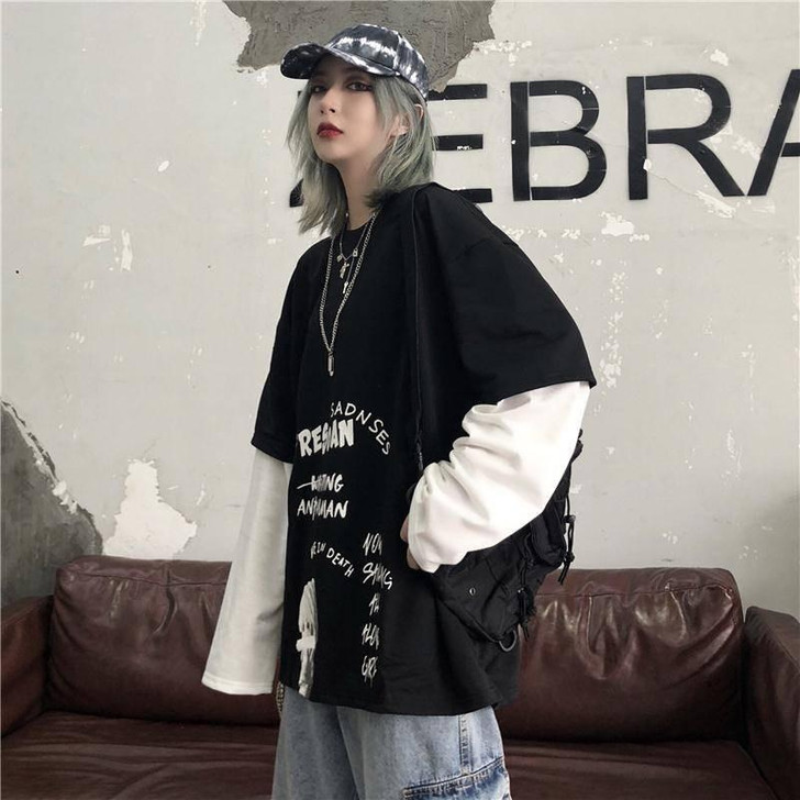 GOTHIC PUNK EGIRL LOOSE LONG SLEEVE TEE-Cosmique Studio-Aesthetic-Egirl-Grunge-Clothing GOTHIC PUNK EGIRL LOOSE LONG SLEEVE TEE-Cosmique Studio-Aesthetic-Egirl-Grunge-Clothing