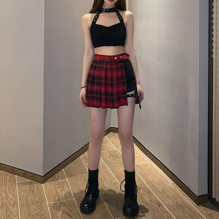 SEXY EGIRL EDGY STYLE PLEATED MINI BUCKLE SHORTS SKIRT-Cosmique Studio-Aesthetic-Egirl-Grunge-Clothing SEXY EGIRL EDGY STYLE PLEATED MINI BUCKLE SHORTS SKIRT-Cosmique Studio-Aesthetic-Egirl-Grunge-Clothing
