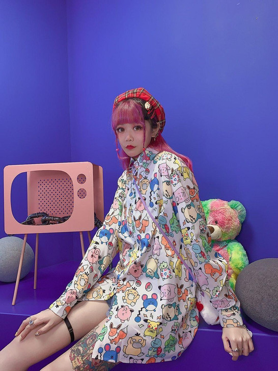 KAWAII POKEMON PRINT CHIFFON SHIRT-Cosmique Studio KAWAII POKEMON PRINT CHIFFON SHIRT-Cosmique Studio
