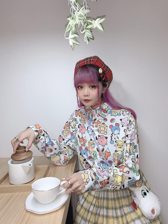 KAWAII POKEMON PRINT CHIFFON SHIRT-Cosmique Studio KAWAII POKEMON PRINT CHIFFON SHIRT-Cosmique Studio