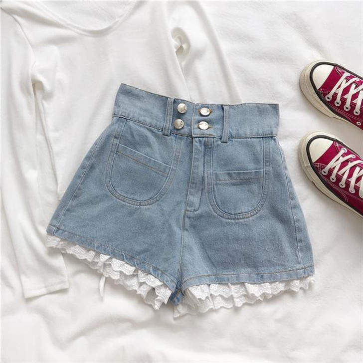 KAWAII LOLITA STYLE ANGEL PRINTED DENIM SHORTS-Cosmique Studio