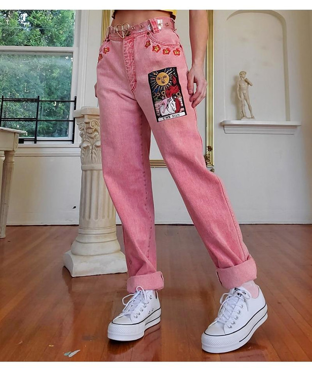 AESTHETIC VINTAGE ART HOE PRINTED DENIM PANTS - Cosmique Studio AESTHETIC VINTAGE ART HOE PRINTED DENIM PANTS - Cosmique Studio