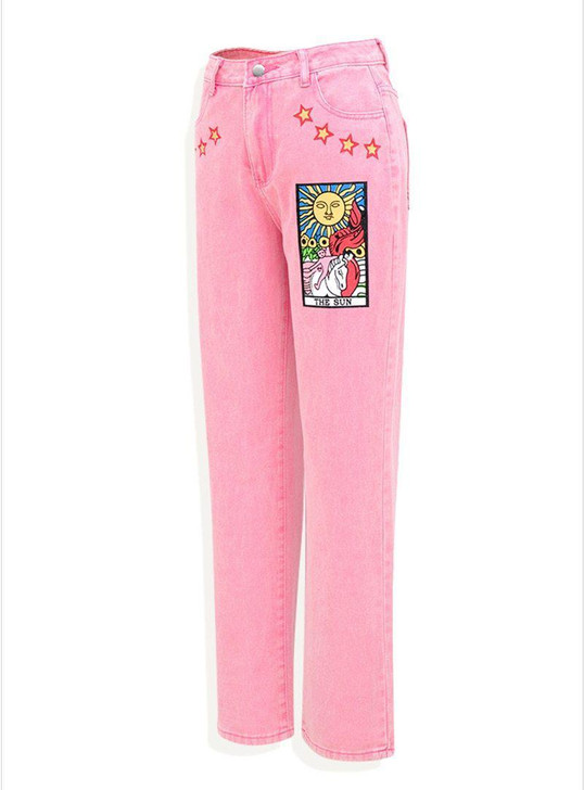AESTHETIC VINTAGE ART HOE PRINTED DENIM PANTS - Cosmique Studio AESTHETIC VINTAGE ART HOE PRINTED DENIM PANTS - Cosmique Studio