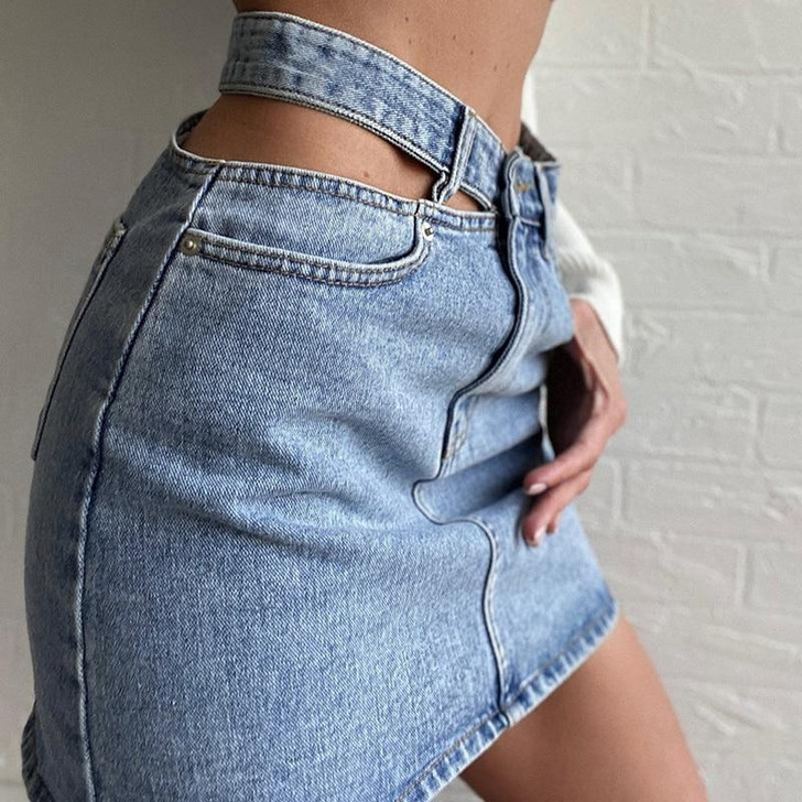 SEXY HOLLOW OUT DENIM MINI SKIRT - Cosmique Studio