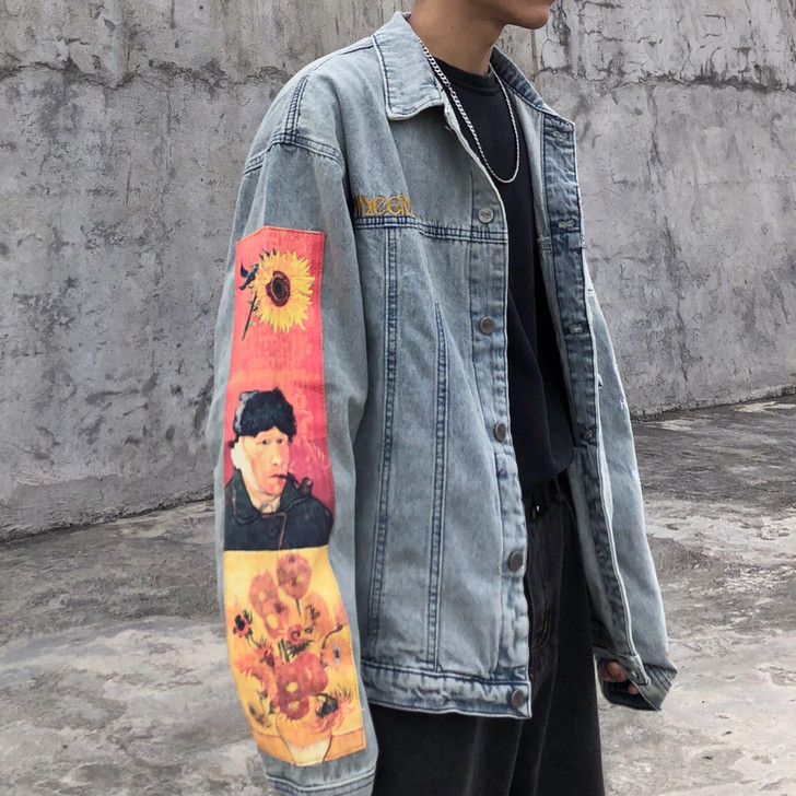 VAN GOGH PRINT VINTAGE DENIM JACKET - Cosmique Studio