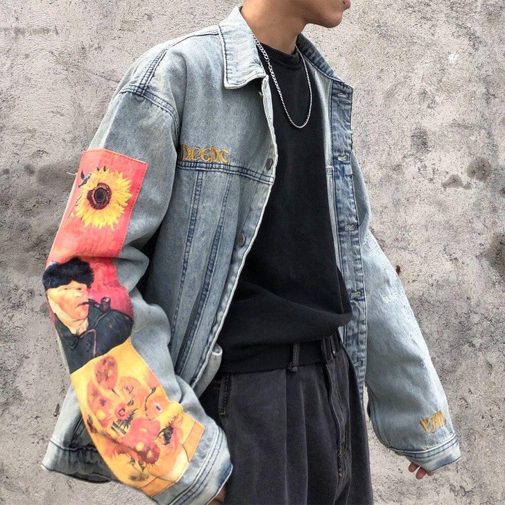 VAN GOGH PRINT VINTAGE DENIM JACKET - Cosmique Studio VAN GOGH PRINT VINTAGE DENIM JACKET - Cosmique Studio