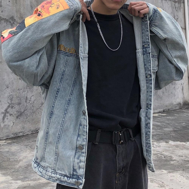 VAN GOGH PRINT VINTAGE DENIM JACKET - Cosmique Studio VAN GOGH PRINT VINTAGE DENIM JACKET - Cosmique Studio