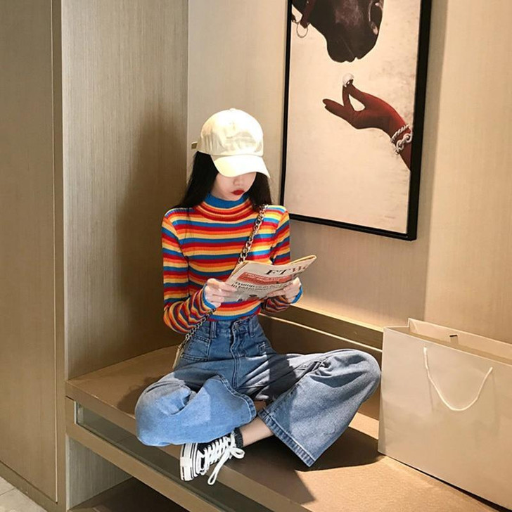 SOFT GIRL RAINBOW LONG SLEEVE SWEATER-Cosmique Studio-Aesthetic Clothing Store