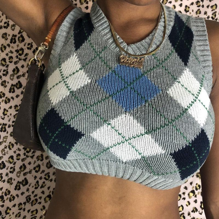 Plaid Knitted Crop Sweater
 Plaid Knitted Crop Sweater
