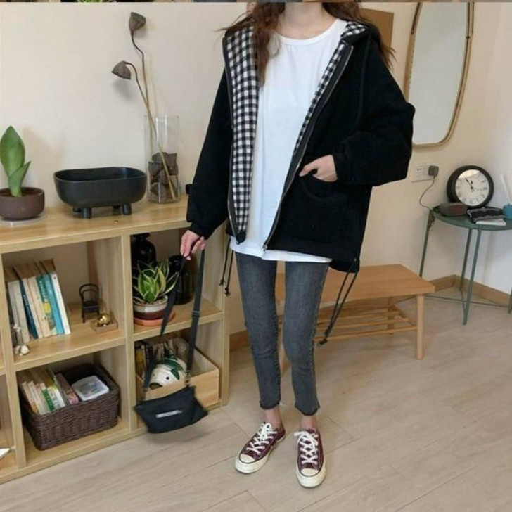 CHIC PLAID HOODED BOMBER JACKET-Cosmique Studio-aesthetic-clothing-store