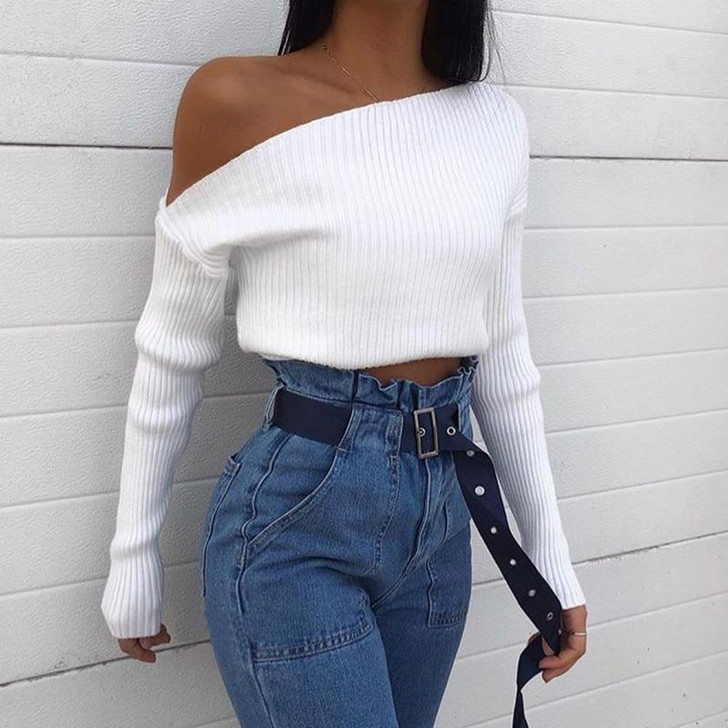 AUTUMN SHOULDER RIPPED WHITE SWEATER-Cosmique Studio-aesthetic-clothing-store