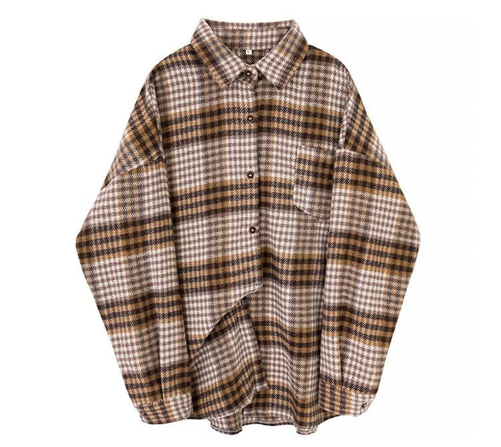 AESTHETIC VINTAGE WOOLEN PLAID SHIRT - Cosmique Studio