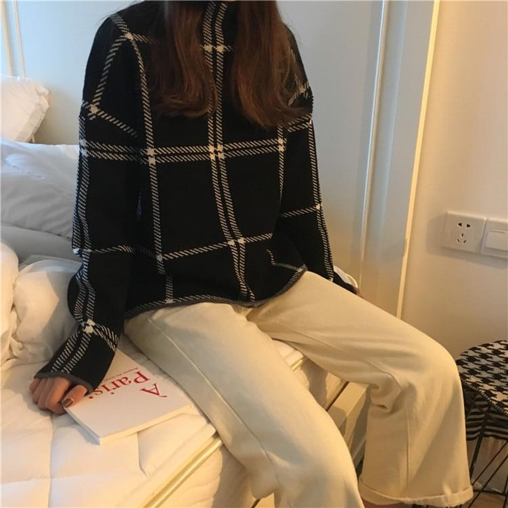 KOREAN VINTAGE PLAID CASUAL SWEATER-Cosmique Studio-Aesthetic-Outfits