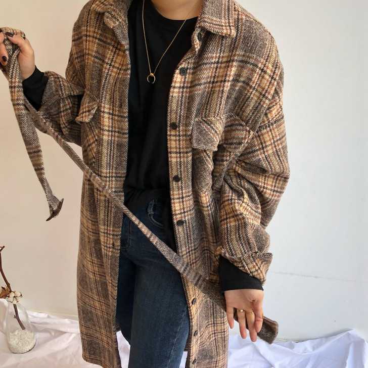 VINTAGE AUTUMN PLAID LONG COAT SHIRT - Cosmique Studio