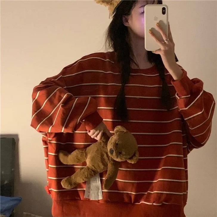 KOREAN AESTHETIC STRIPED LONG TEE-Cosmique Studio-Aesthetic-Outfits KOREAN AESTHETIC STRIPED LONG TEE-Cosmique Studio-Aesthetic-Outfits