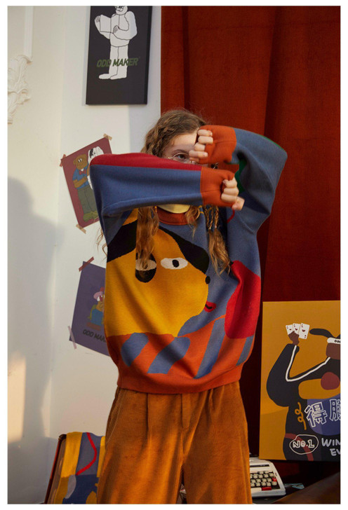 AESTHETIC VINTAGE COLORFUL DOG SWEATER-Cosmique Studio-Aesthetic-Outfits AESTHETIC VINTAGE COLORFUL DOG SWEATER-Cosmique Studio-Aesthetic-Outfits