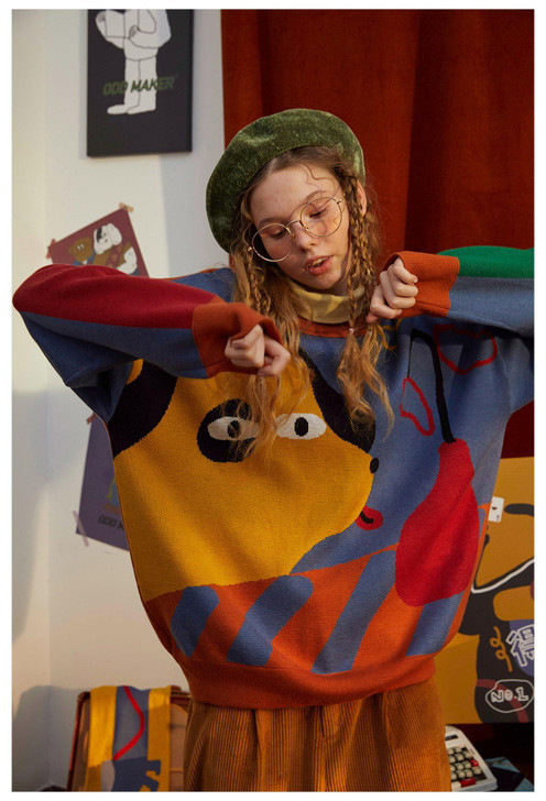 AESTHETIC VINTAGE COLORFUL DOG SWEATER-Cosmique Studio-Aesthetic-Outfits AESTHETIC VINTAGE COLORFUL DOG SWEATER-Cosmique Studio-Aesthetic-Outfits