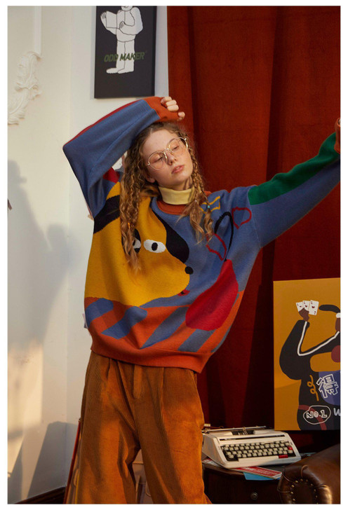 AESTHETIC VINTAGE COLORFUL DOG SWEATER-Cosmique Studio-Aesthetic-Outfits AESTHETIC VINTAGE COLORFUL DOG SWEATER-Cosmique Studio-Aesthetic-Outfits