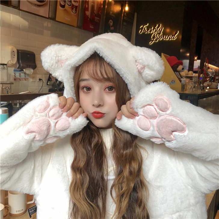KAWAII LOLITA GIRL CUTE WHITE CAT PLUSH JACKET-Cosmique Studio-Aesthetic-Outfits KAWAII LOLITA GIRL CUTE WHITE CAT PLUSH JACKET-Cosmique Studio-Aesthetic-Outfits