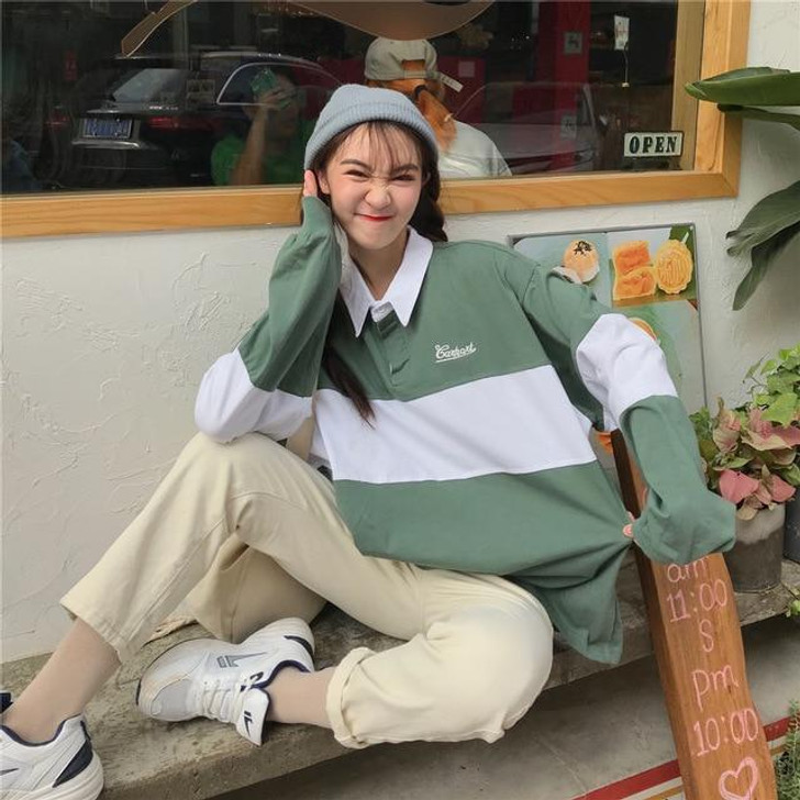 POLO COLLAR KPOP STYLE LOOSE SWEATSHIRT - Cosmique Studio - Aesthetic Outfits POLO COLLAR KPOP STYLE LOOSE SWEATSHIRT - Cosmique Studio - Aesthetic Outfits