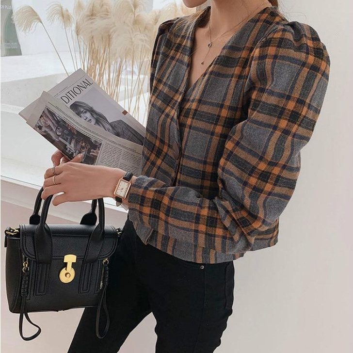 VINTAGE PLAID BUTTON BLOUSE - Cosmique Studio - Aesthetic Outfits VINTAGE PLAID BUTTON BLOUSE - Cosmique Studio - Aesthetic Outfits