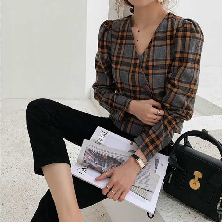 VINTAGE PLAID BUTTON BLOUSE - Cosmique Studio - Aesthetic Outfits VINTAGE PLAID BUTTON BLOUSE - Cosmique Studio - Aesthetic Outfits