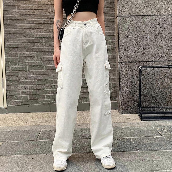 Y2K WHITE HIGH WAIST CARGO PANTS - Cosmique Studio