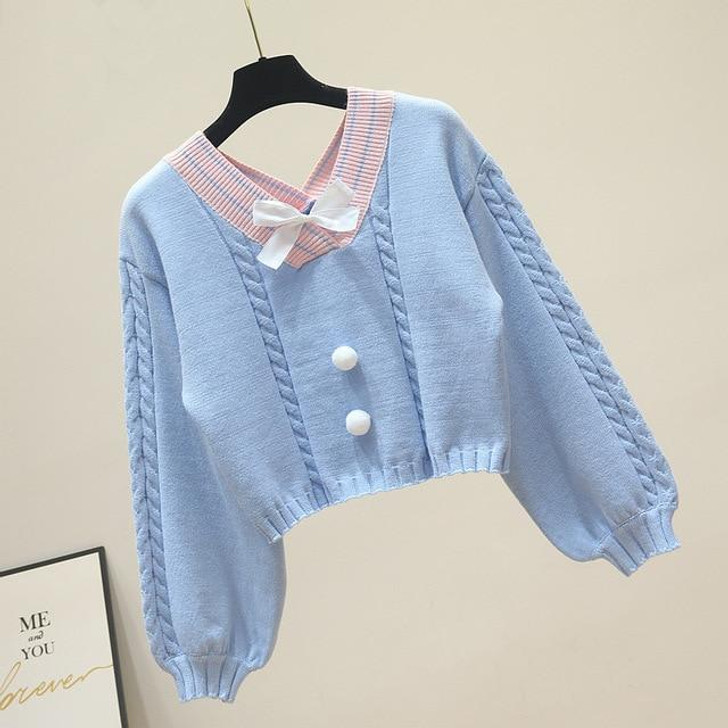 KAWAII BOW V NECK KNITTED SWEATER - Cosmique Studio