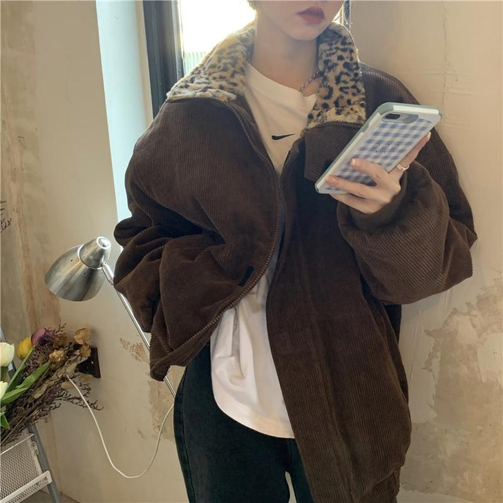 Y2K LEOPARD CORDUROY JACKET - Cosmique Studio - Aesthetic Outfits Y2K LEOPARD CORDUROY JACKET - Cosmique Studio - Aesthetic Outfits