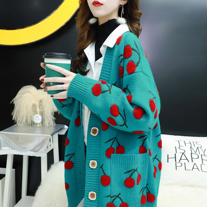 CUTE CHERRY KNITTED SWEATER - Cosmique Studio - Aesthetic Outfits CUTE CHERRY KNITTED SWEATER - Cosmique Studio - Aesthetic Outfits