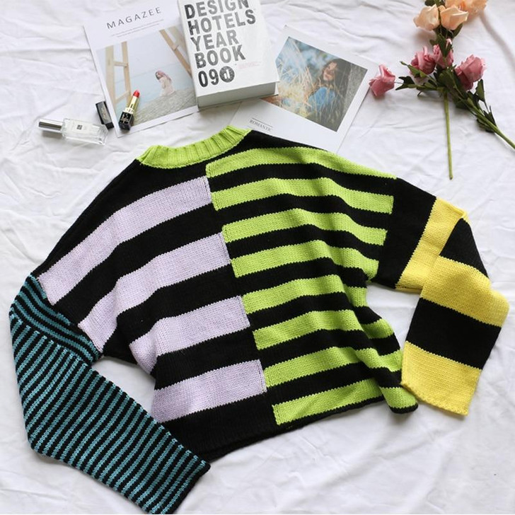 Y2K ASYMMETRIC STRIPED KNITTED SWEATER - Cosmique Studio - Aesthetic Outfits Y2K ASYMMETRIC STRIPED KNITTED SWEATER - Cosmique Studio - Aesthetic Outfits