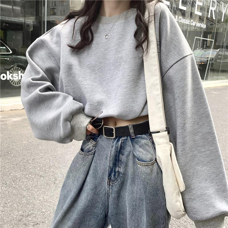 KOREAN OVERSIZE CROP SWEATSHIRT - Cosmique Studio - Aesthetic Clothes
