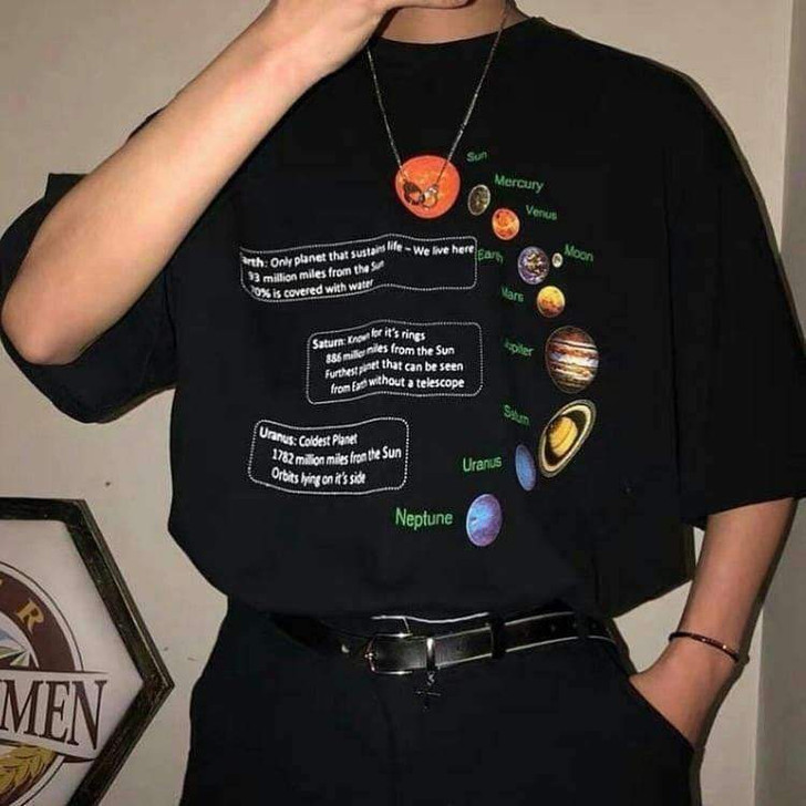 solar system black tee with pictures of planets and their descriptions