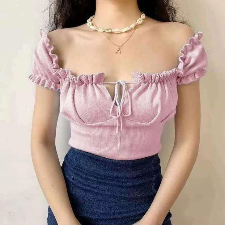 SOFT GIRL AESTHETIC SQUARE NECK RUFFLED CROP TOP - Cosmique Studio SOFT GIRL AESTHETIC SQUARE NECK RUFFLED CROP TOP - Cosmique Studio