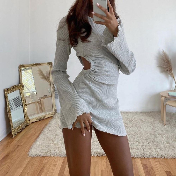 VSCO AESTHETIC DRAPED FLARE CUT-OUT MINI DRESS - Cosmique Studio VSCO AESTHETIC DRAPED FLARE CUT-OUT MINI DRESS - Cosmique Studio