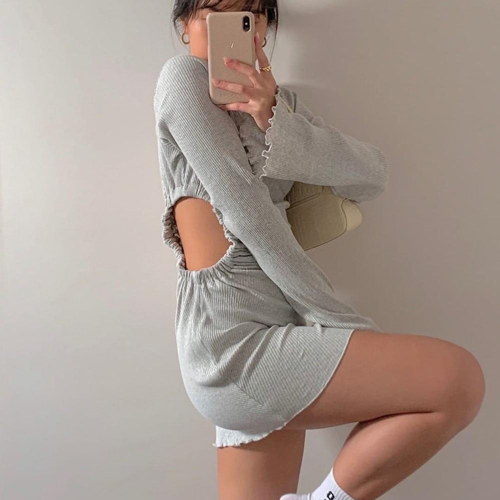 VSCO AESTHETIC DRAPED FLARE CUT-OUT MINI DRESS - Cosmique Studio VSCO AESTHETIC DRAPED FLARE CUT-OUT MINI DRESS - Cosmique Studio