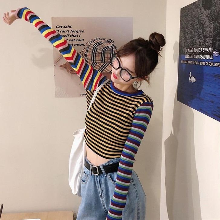 80S 90S AESTHETIC STRIPED LONG SLEEVE TEE - Cosmique Studio 80S 90S AESTHETIC STRIPED LONG SLEEVE TEE - Cosmique Studio