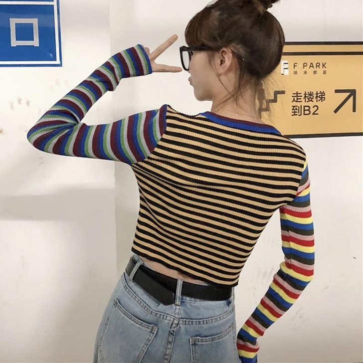 80S 90S AESTHETIC STRIPED LONG SLEEVE TEE - Cosmique Studio