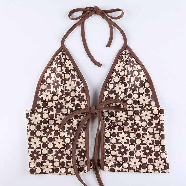 Y2K AESTHETIC TIE UP BROWN CROP TOP - Cosmique Studio Y2K AESTHETIC TIE UP BROWN CROP TOP - Cosmique Studio