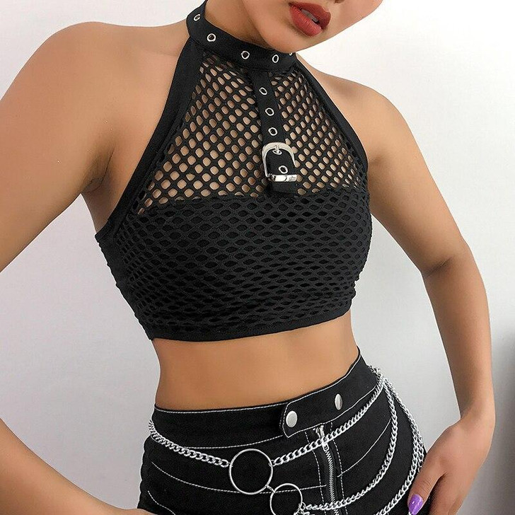 GRUNGE PATCHWORK HALTER BLACK CROP TOP - Cosmique Studio
