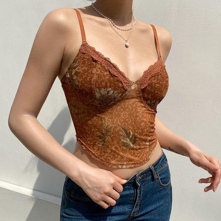 Y2K LACE SUMMER BROWN CROP TOP - Cosmique Studio Y2K LACE SUMMER BROWN CROP TOP - Cosmique Studio