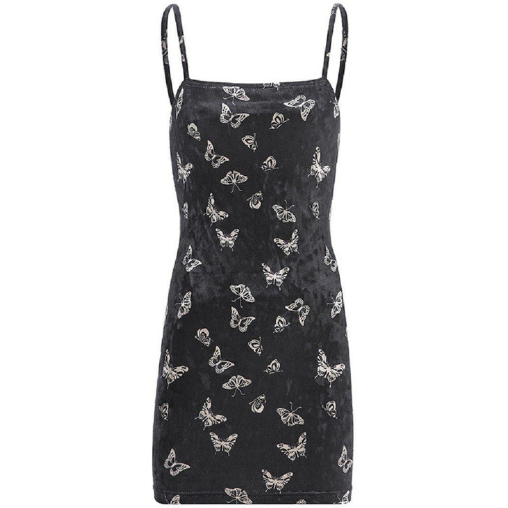 EGIRL BUTTERFLY PATTERN SEXY BLACK MINI DRESS - Cosmique Studio