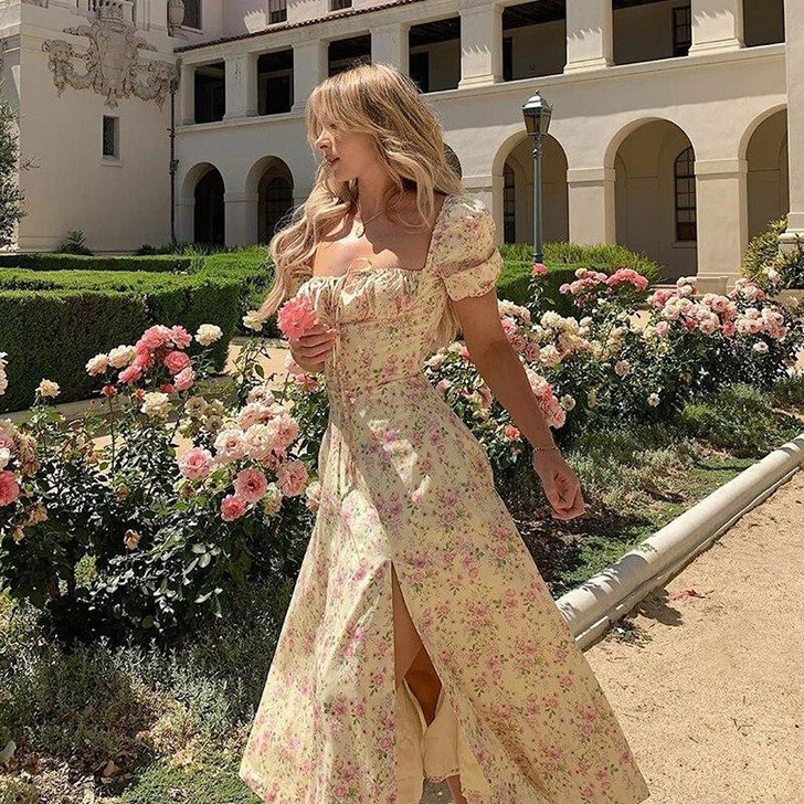 COTTAGECORE AESTHETIC FLORAL YELLOW MIDI DRESS