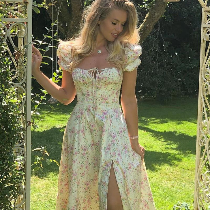 COTTAGECORE AESTHETIC FLORAL YELLOW MIDI DRESS