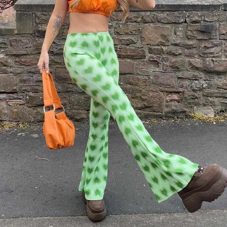 Y2K AESTHETIC HEART SHAPE PRINT GREEN PANTS - Cosmique Studio