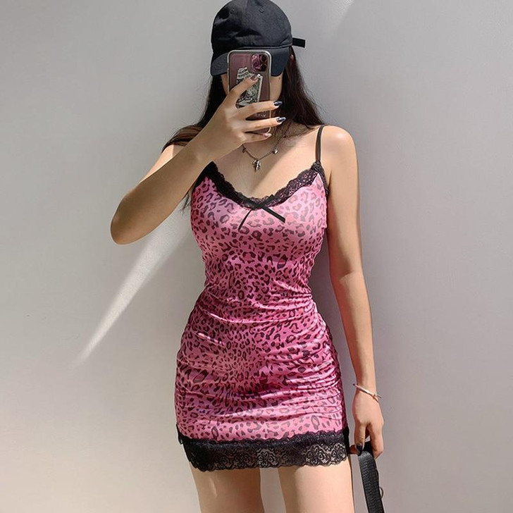 Y2K LACE LEOPARD PATTERN PINK MINI DRESS Y2K LACE LEOPARD PATTERN PINK MINI DRESS
