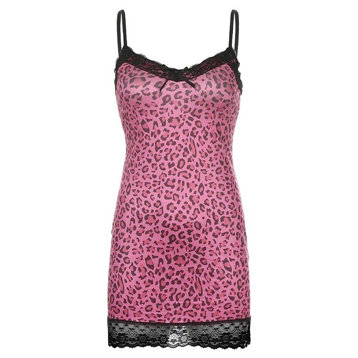 Y2K LACE LEOPARD PATTERN PINK MINI DRESS Y2K LACE LEOPARD PATTERN PINK MINI DRESS